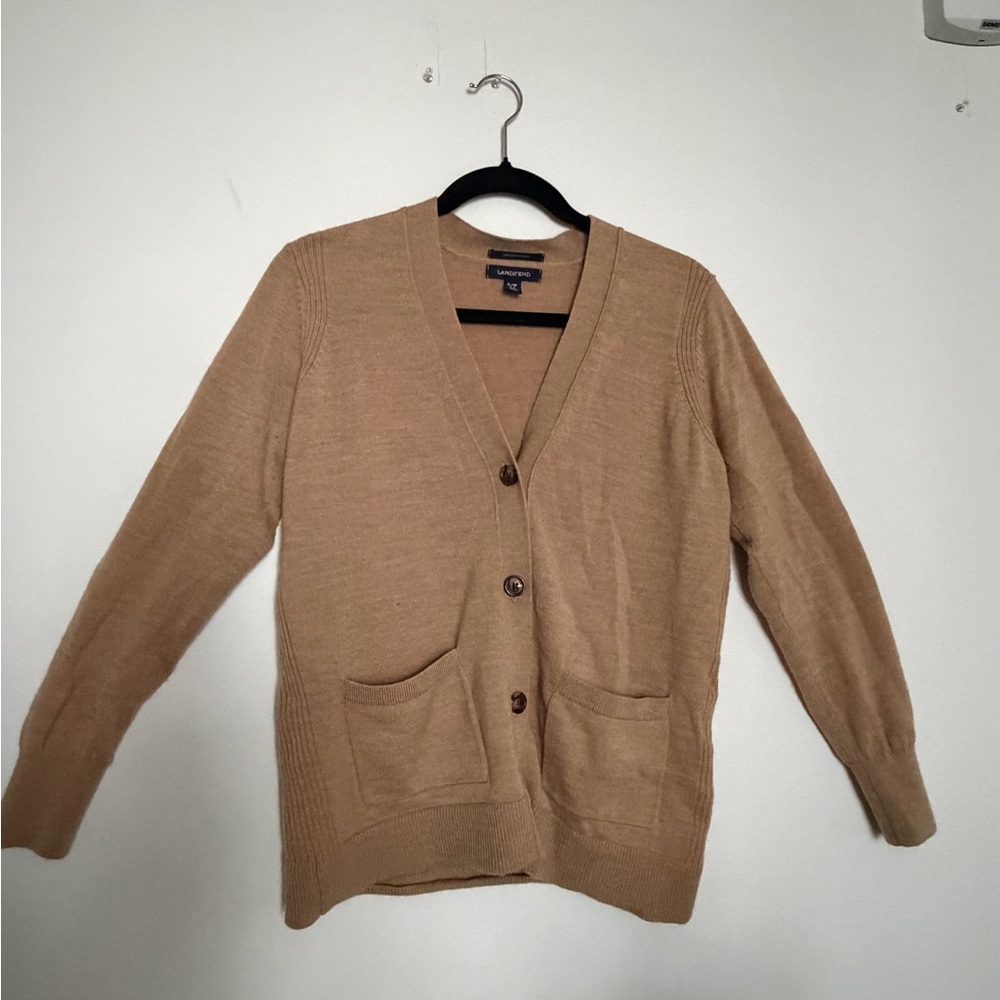 100% merino wool Tan Button-Up V-Neck Cardigan